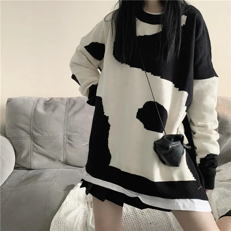 Korean Aesthetic Cow Printed Knit Oversized Sweater
