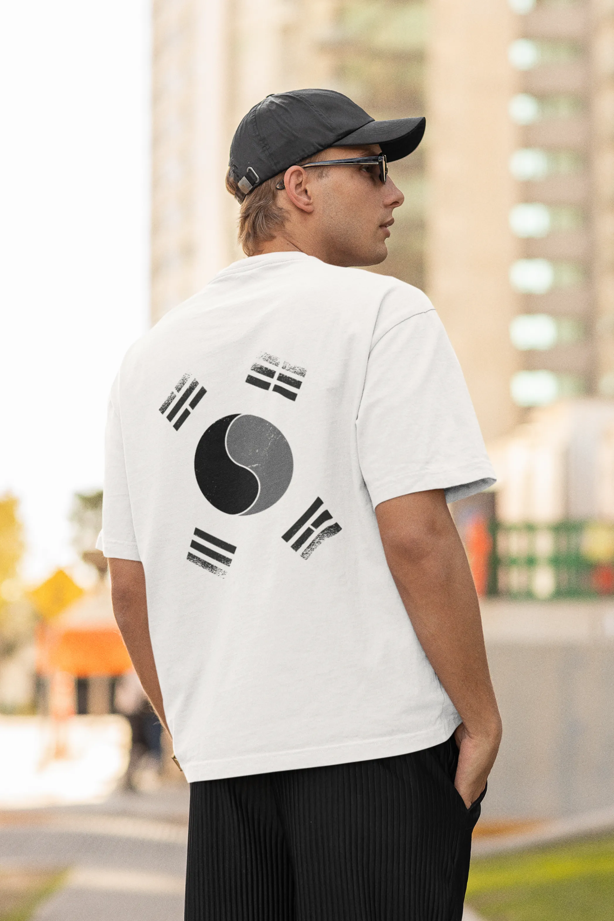 Korean National White Printed Oversized T-shirt for Men