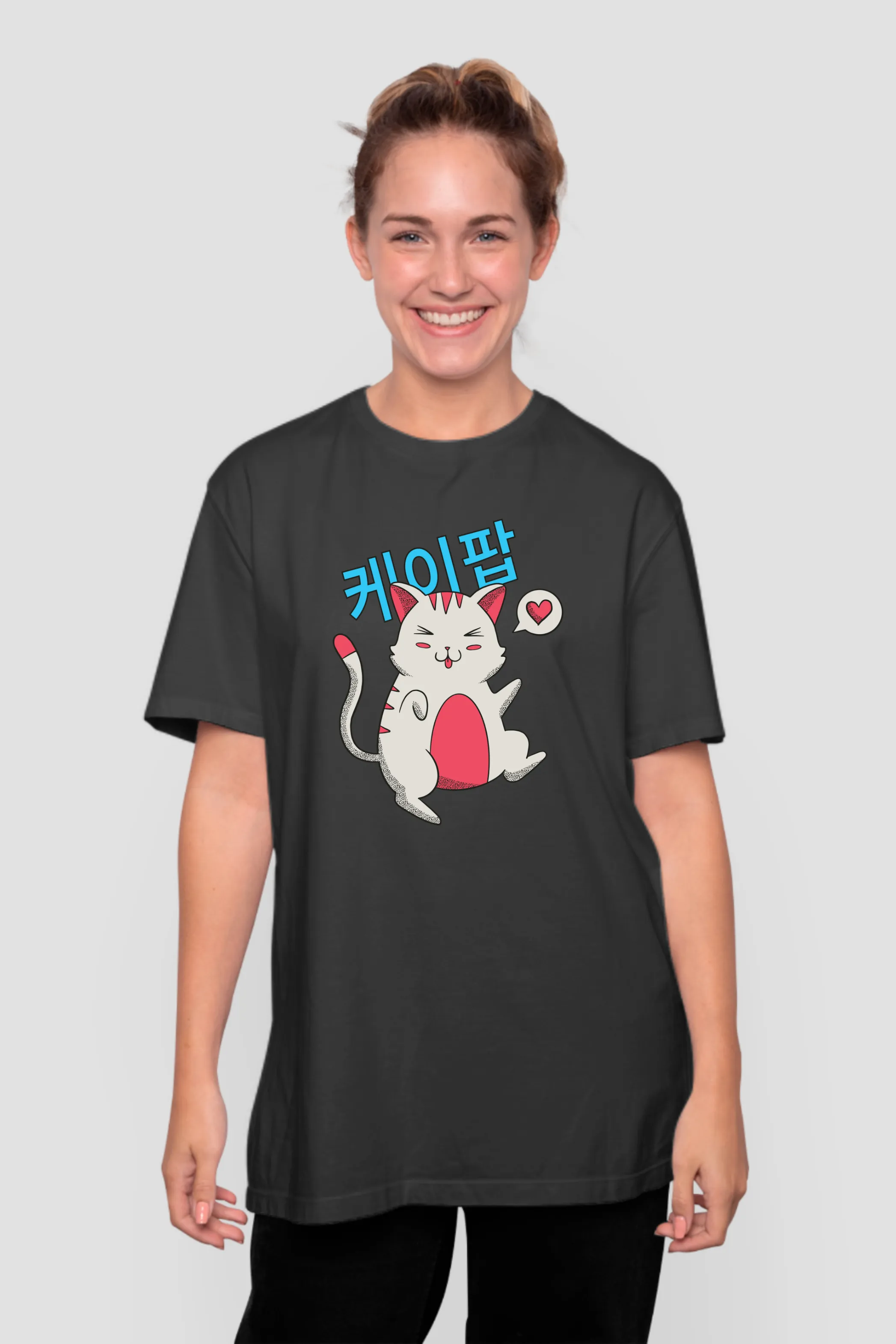 Korean Pop Cat Black Printed Oversized T-shirt for women