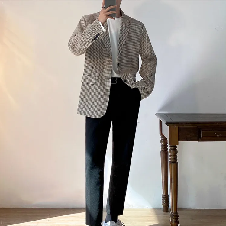 [Korean Style] Brown-beige Plaid Suit Jackets