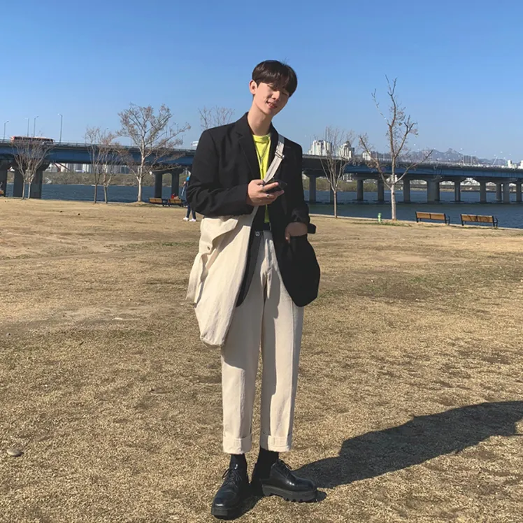[Korean Style] Khaki / Black Single-Breasted Oversize Blazer