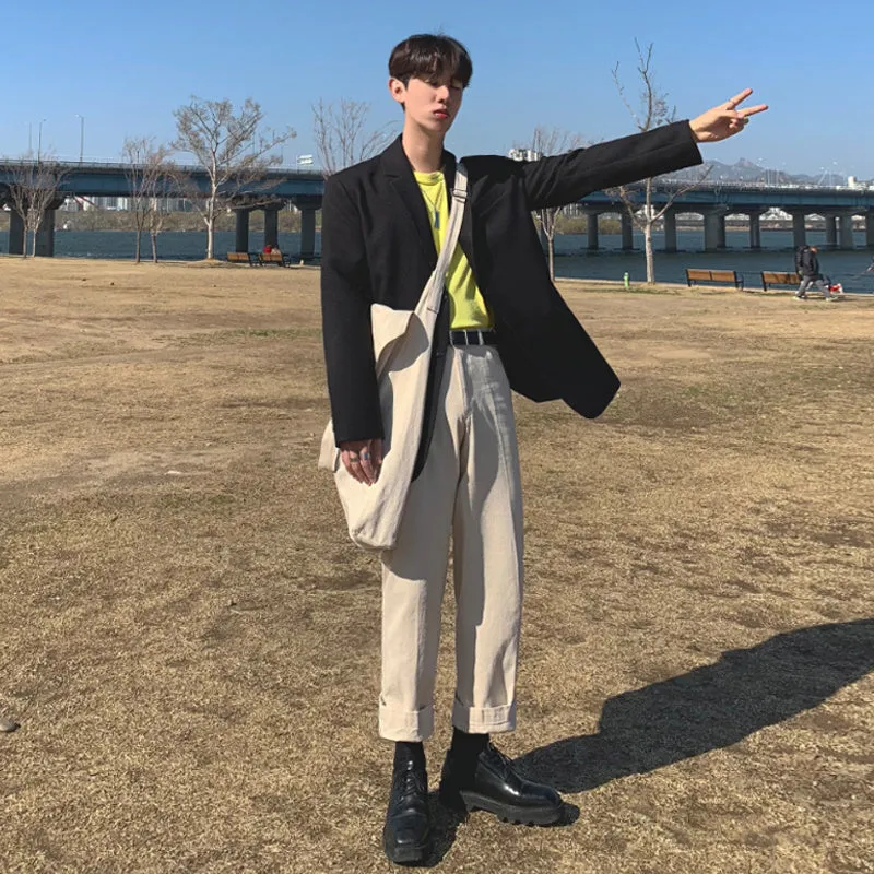 [Korean Style] Khaki / Black Single-Breasted Oversize Blazer