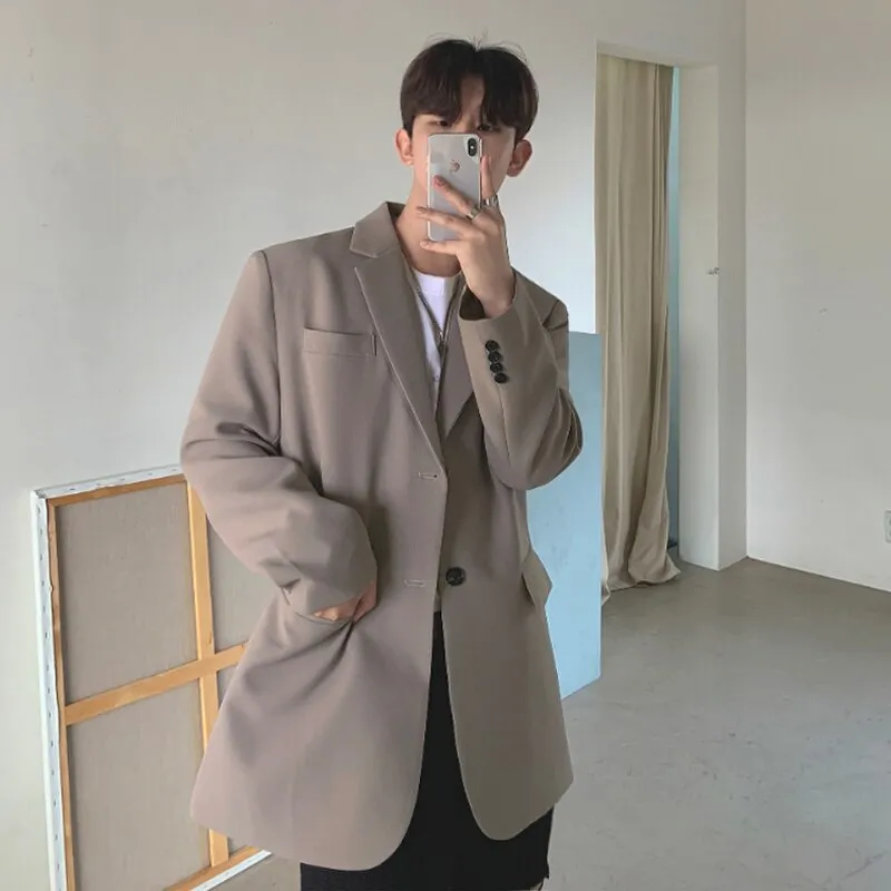 [Korean Style] Khaki / Black Single-Breasted Oversize Blazer