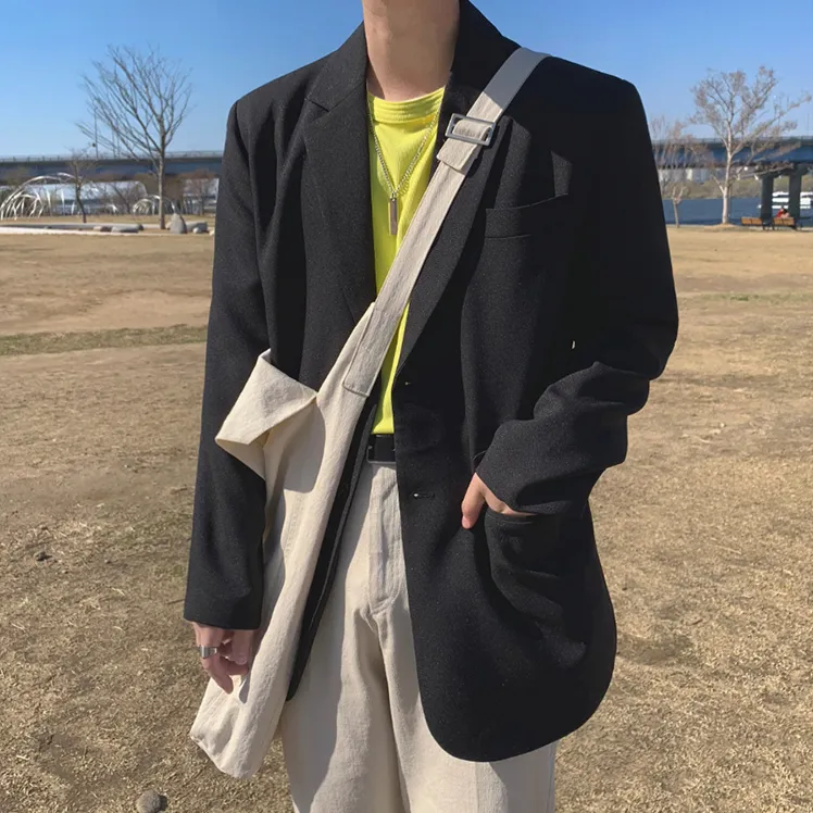 [Korean Style] Khaki / Black Single-Breasted Oversize Blazer
