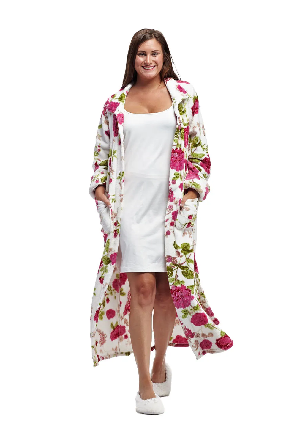 La Cera Floral Fleece Bathrobe with Belt