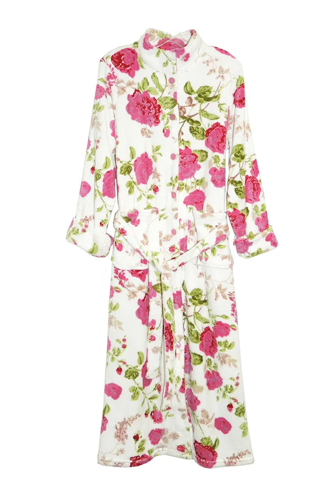 La Cera Floral Fleece Bathrobe with Belt