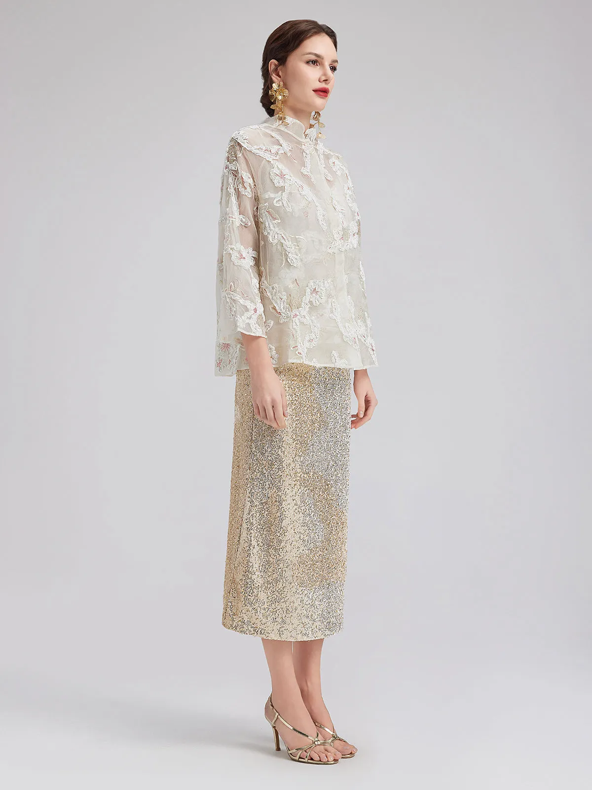 Lace-Panel Sequin Embroidered Two-Piece Top