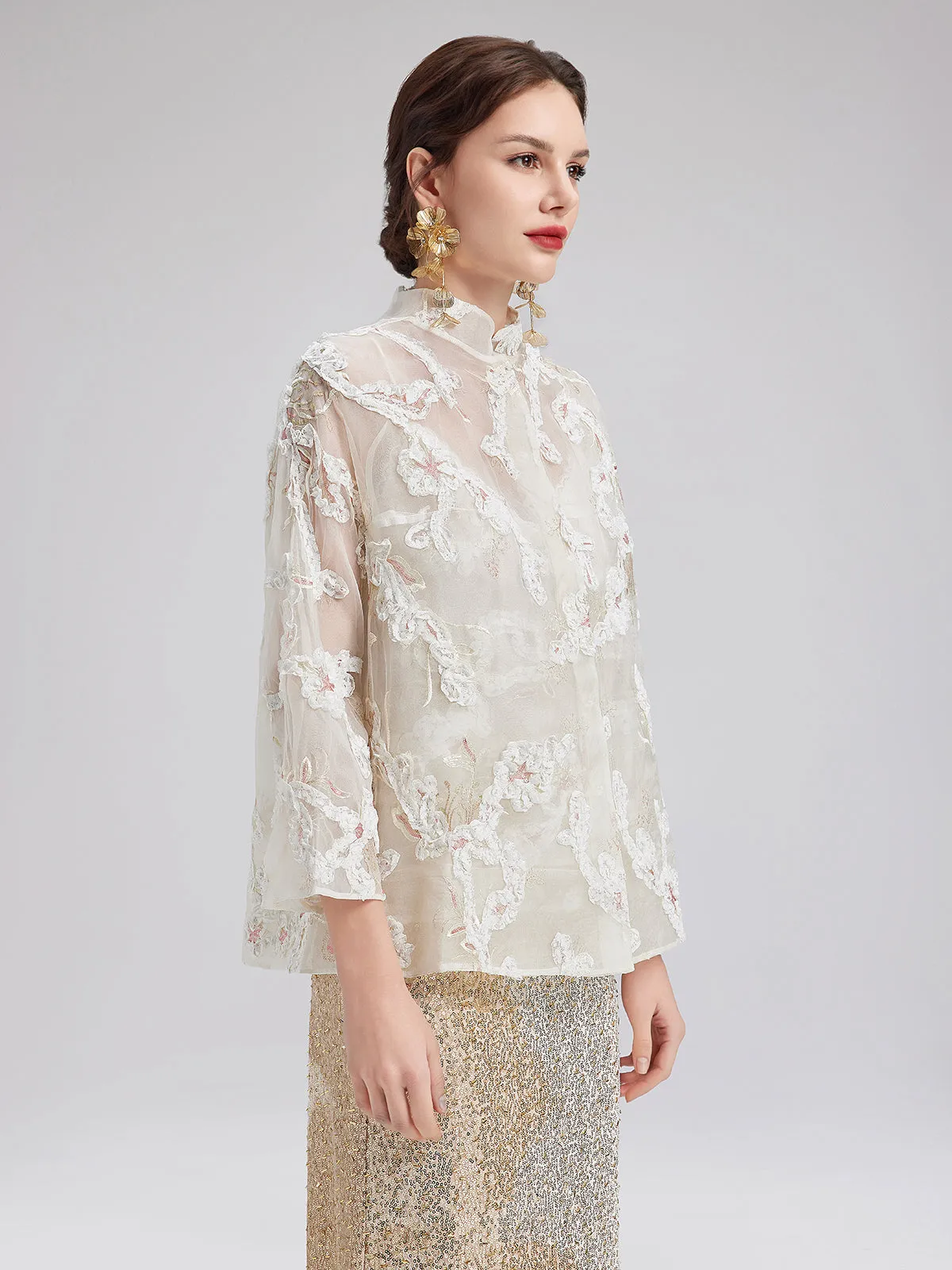 Lace-Panel Sequin Embroidered Two-Piece Top
