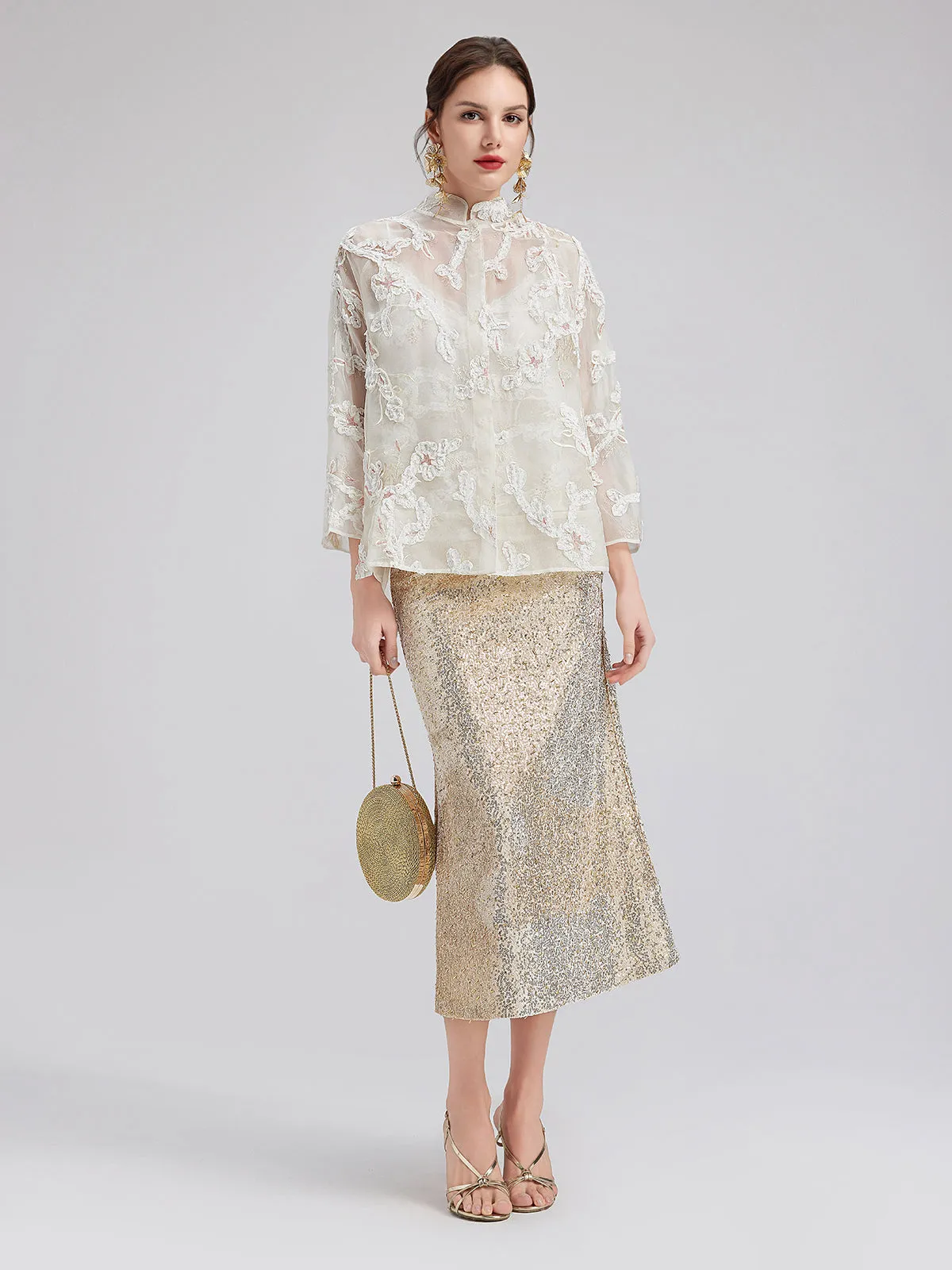 Lace-Panel Sequin Embroidered Two-Piece Top