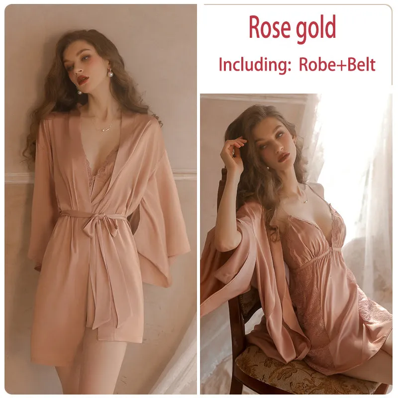 Lace Slip Nightdress Tie Robe Homewear Set
