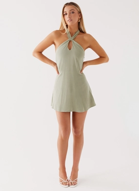 Style Moment Minimalist Trim Counting Stars Linen Halterneck Dress - Sage