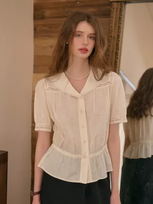 Lacey V-Neck Embroidery Cotton Blouse SelfFabric Binding QuickDry Textile