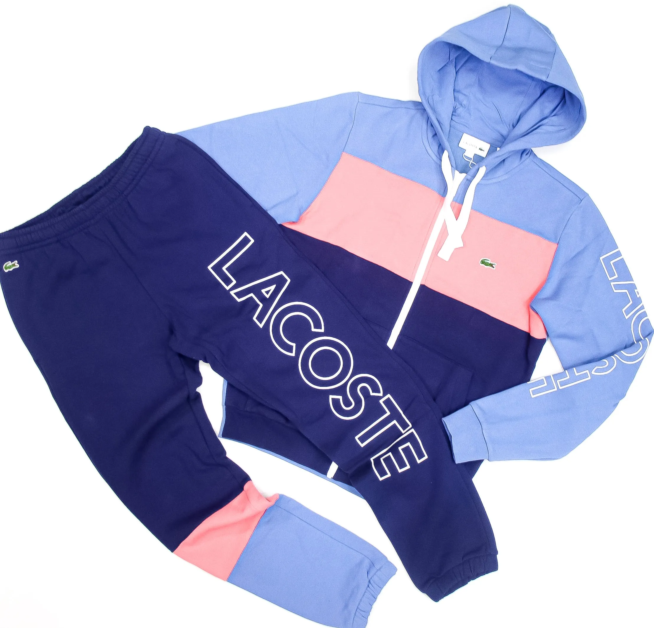 LaCoste-Hooded Colourblock Fleece Zip SweatSet-Blue/Pink /Blue•W86