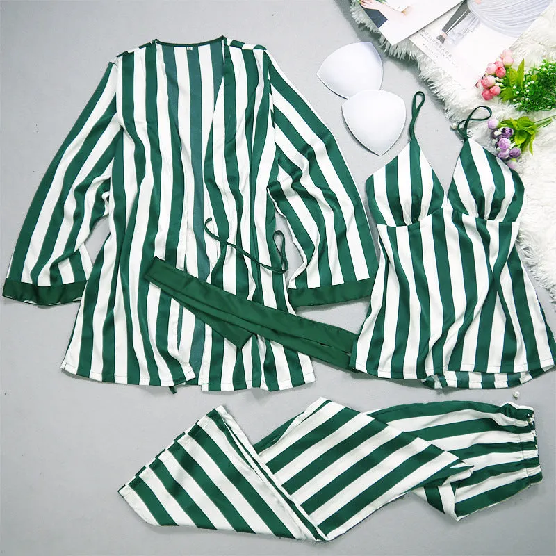 Ladies' Pajamas Summer Leisure Sexy Ice Silk Stripes, Suspenders, Trousers, Nightgowns, Three Sets Of New Silk Pajamas.