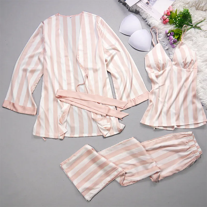 Ladies' Pajamas Summer Leisure Sexy Ice Silk Stripes, Suspenders, Trousers, Nightgowns, Three Sets Of New Silk Pajamas.