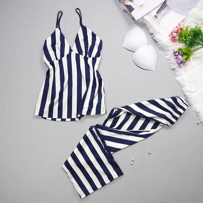 Ladies' Pajamas Summer Leisure Sexy Ice Silk Stripes, Suspenders, Trousers, Nightgowns, Three Sets Of New Silk Pajamas.
