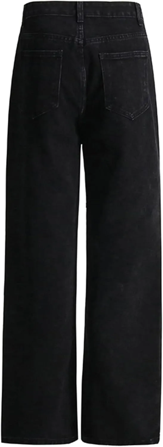 Ladies Ripped Cuffed Loose Jeans Boyfriend Fit Distressed Stretchy Denim Pants Stretch Baggy Jeans with Hole