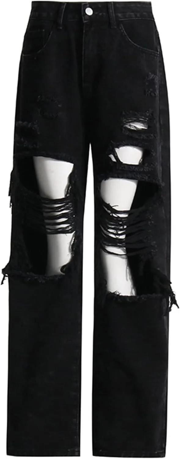 Ladies Ripped Cuffed Loose Jeans Boyfriend Fit Distressed Stretchy Denim Pants Stretch Baggy Jeans with Hole