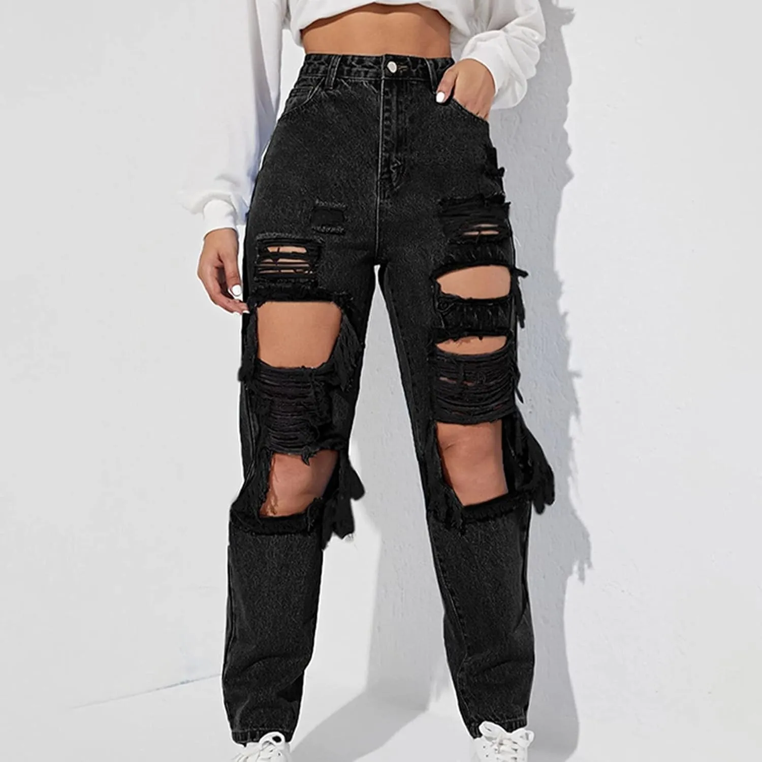 Ladies Ripped Cuffed Loose Jeans Boyfriend Fit Distressed Stretchy Denim Pants Stretch Baggy Jeans with Hole