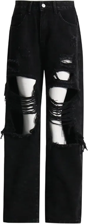 Ladies Ripped Cuffed Loose Jeans Boyfriend Fit Distressed Stretchy Denim Pants Stretch Baggy Jeans with Hole