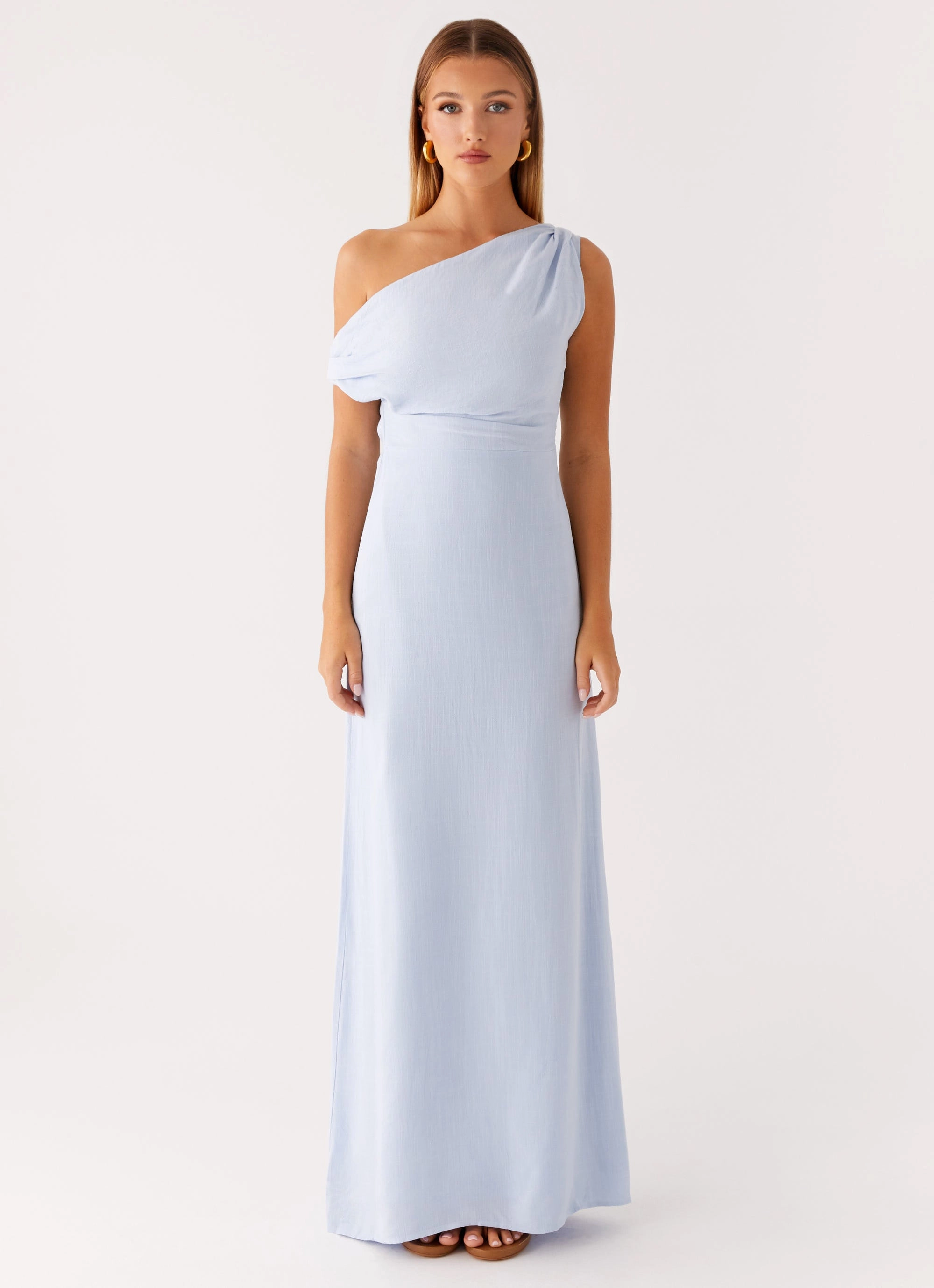 Cotton Skin Off-Shoulder Lady Love Linen Maxi Dress - Blue