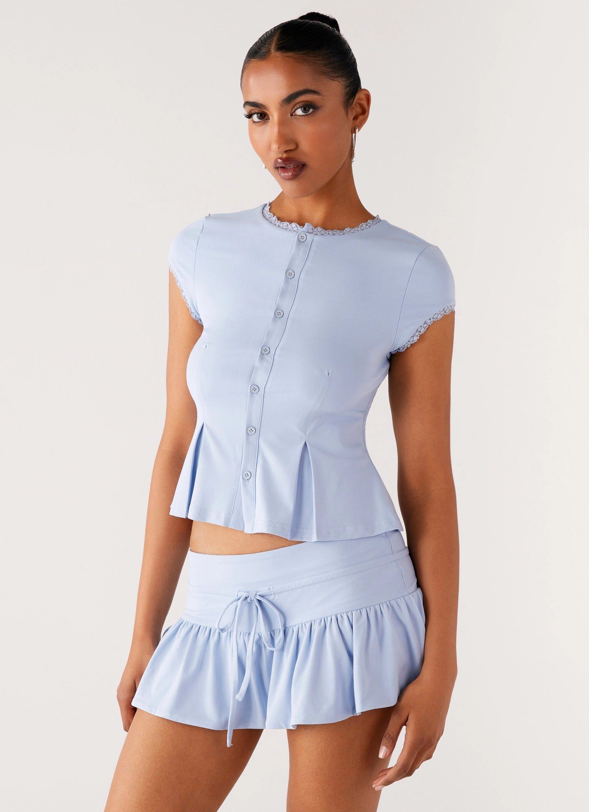 Landon Button Up Top - Blue Flexible Knit Fabric