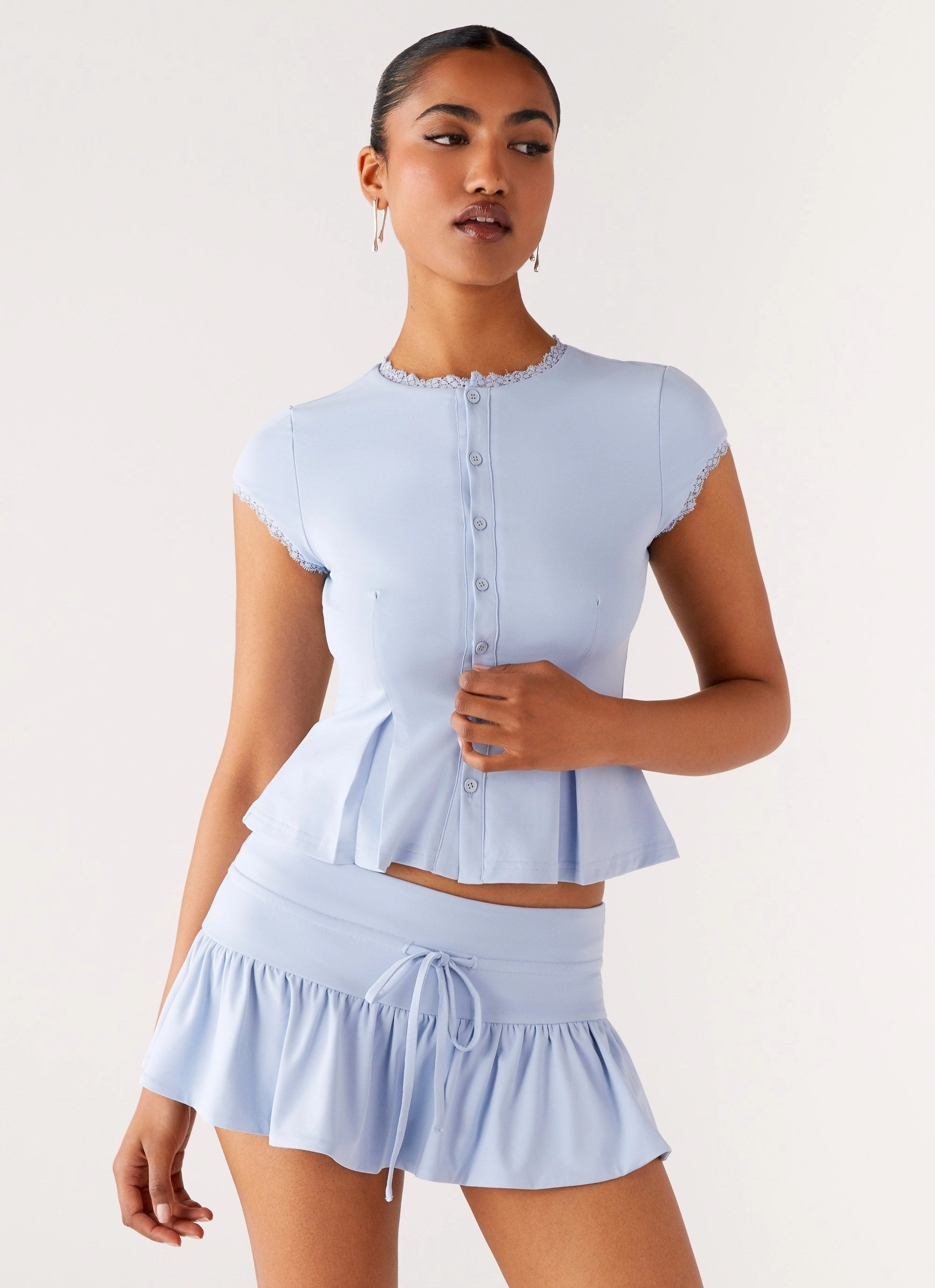 Fashion Blouse WaffleWeave Landon Button Up Top - Blue