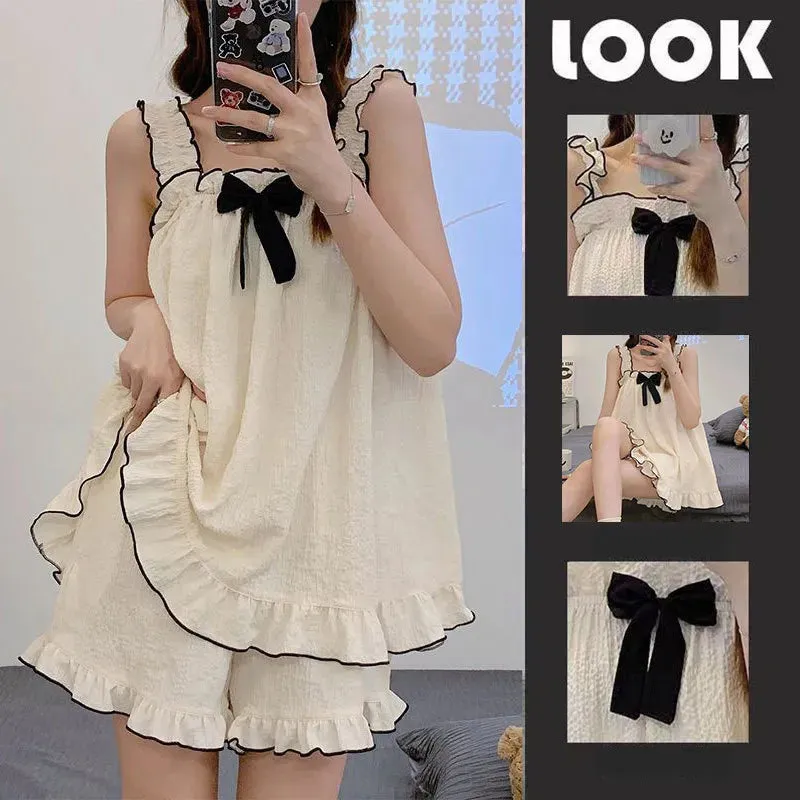 LANFUBEISI Pajama Sets Women Sleeveless Bow Summer Cool Sweet Sleepwear Princess Soft Comfortable Loungewear Tender Girlish Cozy Homewear