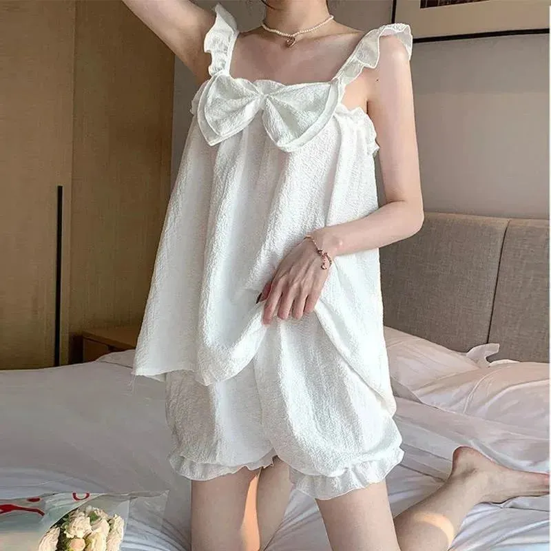 LANFUBEISI Pajama Sets Women Sleeveless Bow Summer Cool Sweet Sleepwear Princess Soft Comfortable Loungewear Tender Girlish Cozy Homewear
