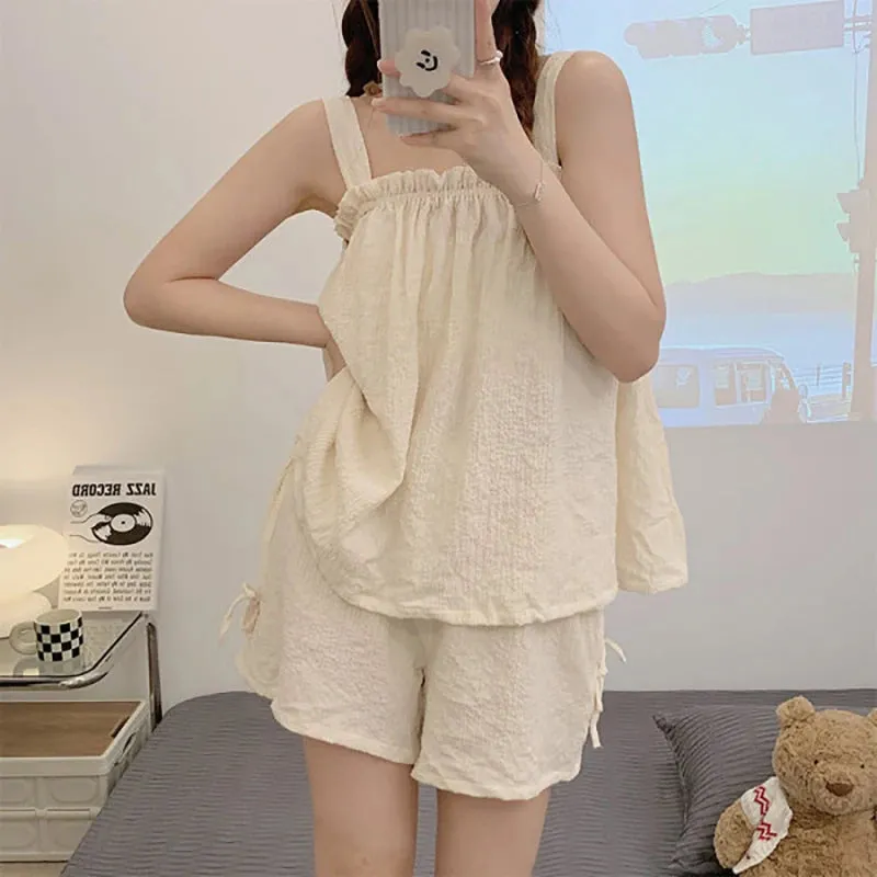 LANFUBEISI Pajama Sets Women Sleeveless Bow Summer Cool Sweet Sleepwear Princess Soft Comfortable Loungewear Tender Girlish Cozy Homewear
