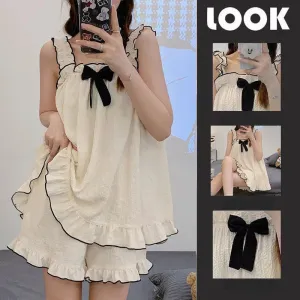 LANFUBEISI Pajama Sets Women Sleeveless Bow Summer Cool Sweet Sleepwear Princess Soft Comfortable Loungewear Tender Girlish Cozy Homewear