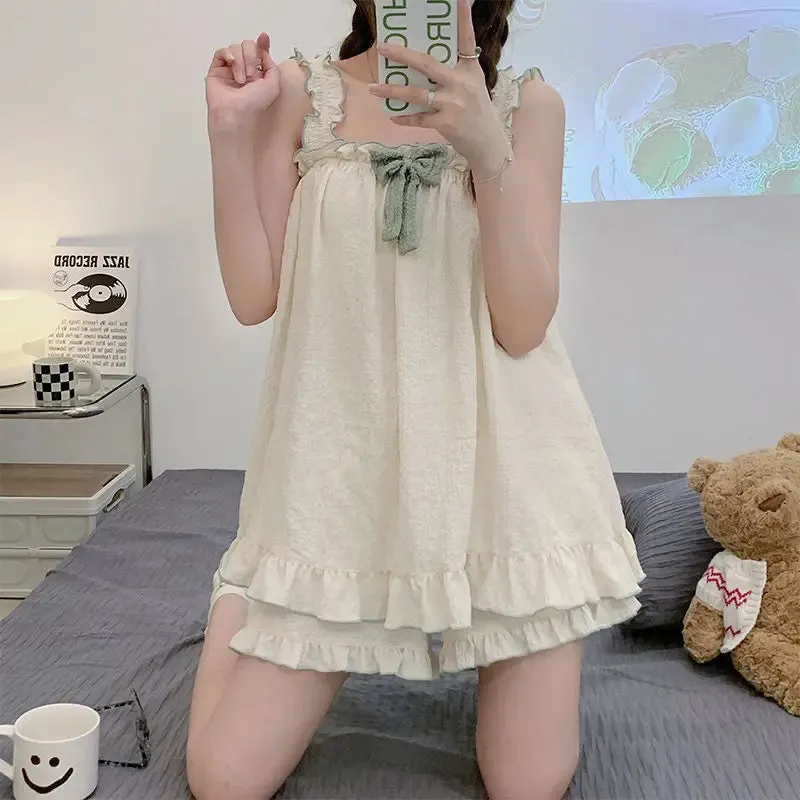 LANFUBEISI Pajama Sets Women Sleeveless Bow Summer Cool Sweet Sleepwear Princess Soft Comfortable Loungewear Tender Girlish Cozy Homewear