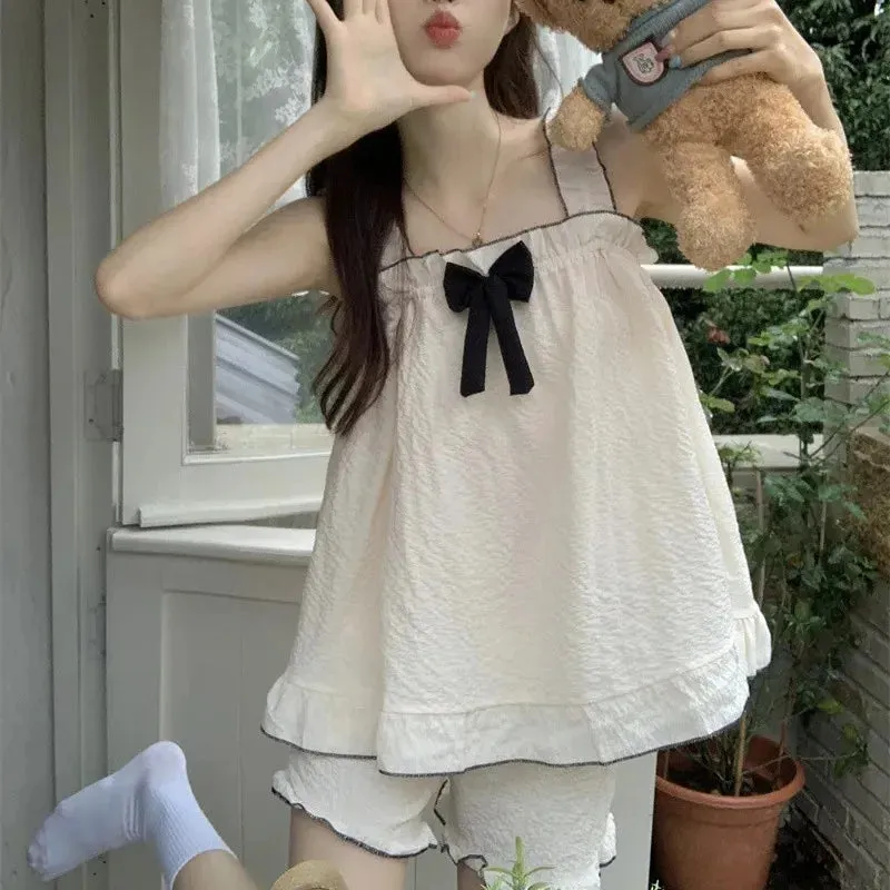 LANFUBEISI Pajama Sets Women Sleeveless Bow Summer Cool Sweet Sleepwear Princess Soft Comfortable Loungewear Tender Girlish Cozy Homewear