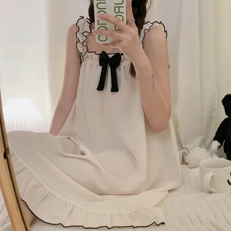 LANFUBEISI Pajama Sets Women Sleeveless Bow Summer Cool Sweet Sleepwear Princess Soft Comfortable Loungewear Tender Girlish Cozy Homewear