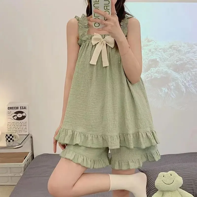 LANFUBEISI Pajama Sets Women Sleeveless Bow Summer Cool Sweet Sleepwear Princess Soft Comfortable Loungewear Tender Girlish Cozy Homewear