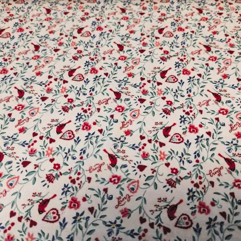Lanz of Salzburg FLANNEL, Cardinal Birds, Hearts on White V4