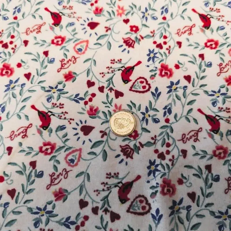 Lanz of Salzburg FLANNEL, Cardinal Birds, Hearts on White V4