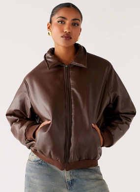 Outlands Faux Leather Bomber Jacket - Chocolate FleeceBacking