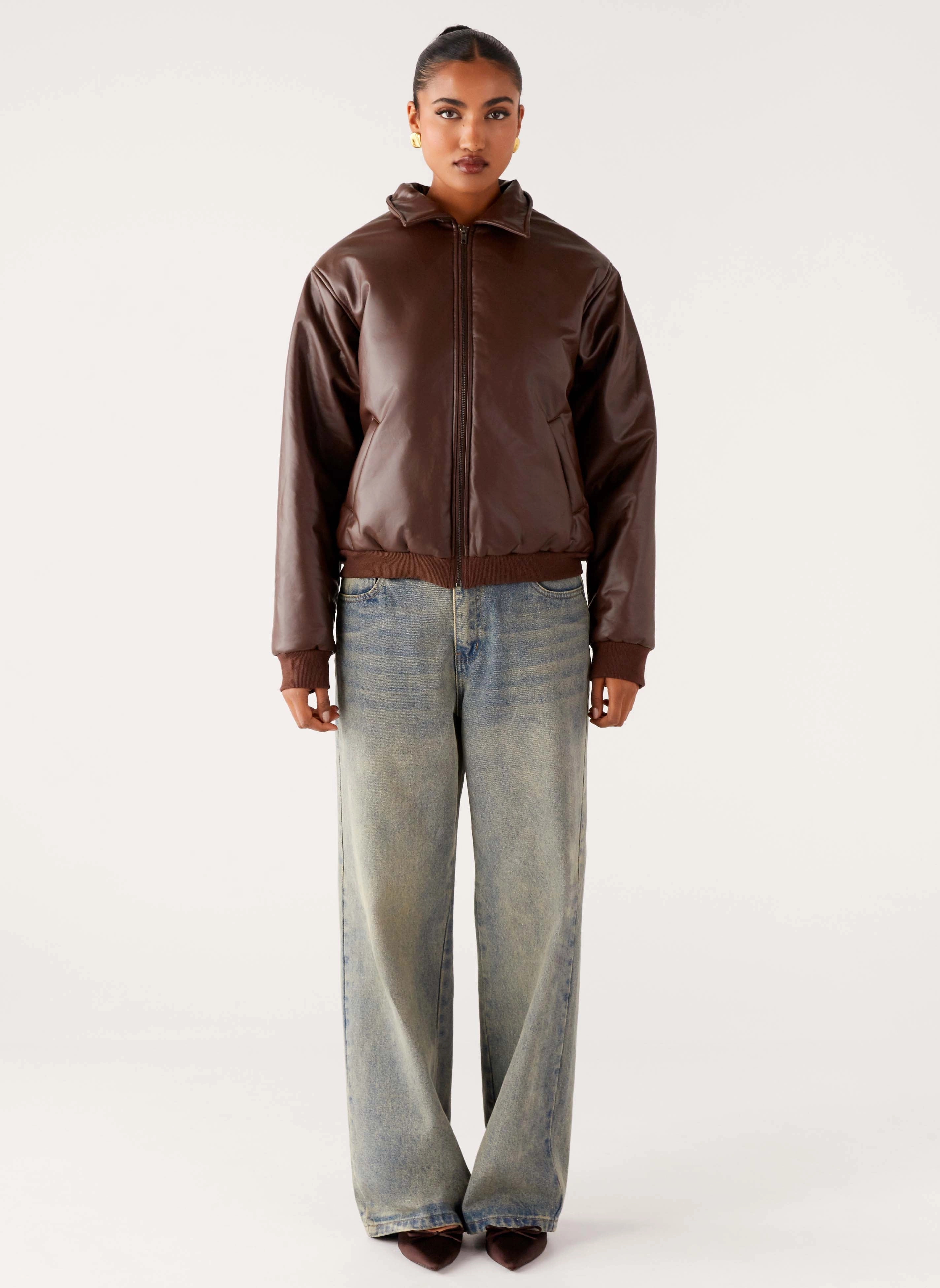 Maximize Multi Pocket Outlands Faux Leather Bomber Jacket - Chocolate