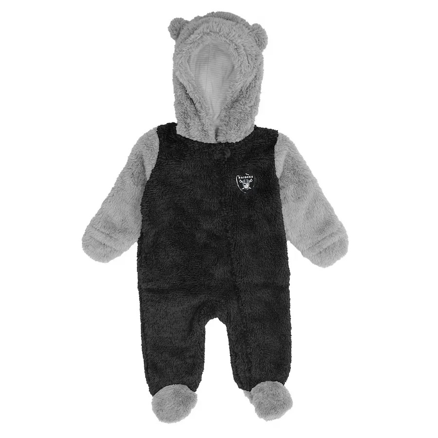 LAS VEGAS RAIDERS NEWBORN GAME NAP TEDDY BEAR FLEECE BUNTING FULL-ZIP SLEEPER
