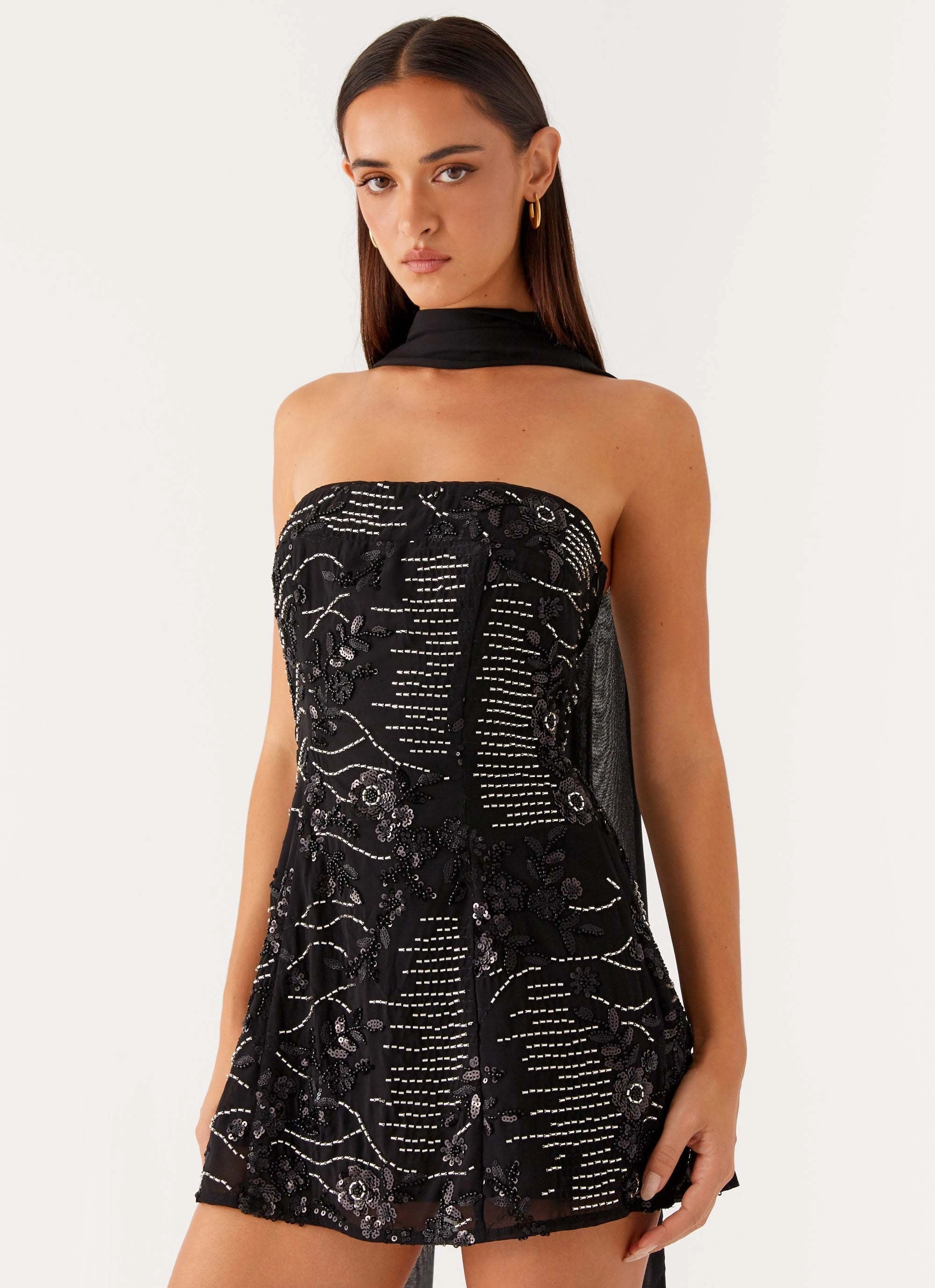 Kiesha Strapless Scarf Mini Dress - Black Lightweight Material Sharp Look