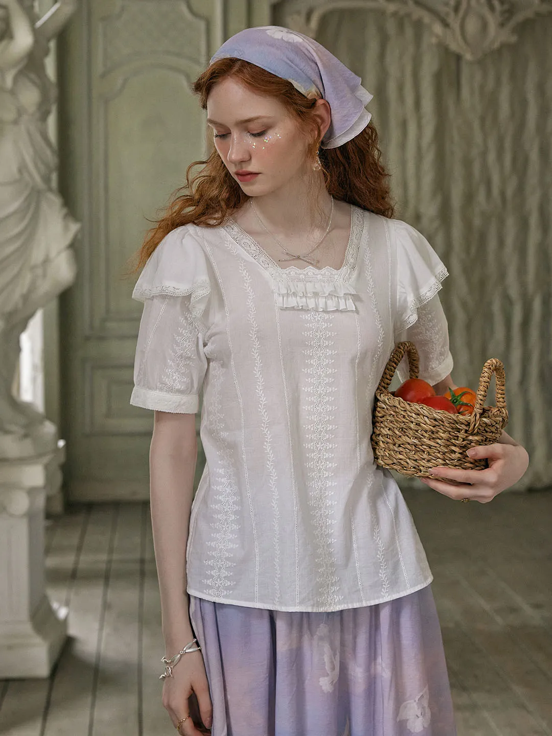 Reign Small Square Collar Lace Embroidered Puff Sleeve Cotton Blouse ZonalVentilation