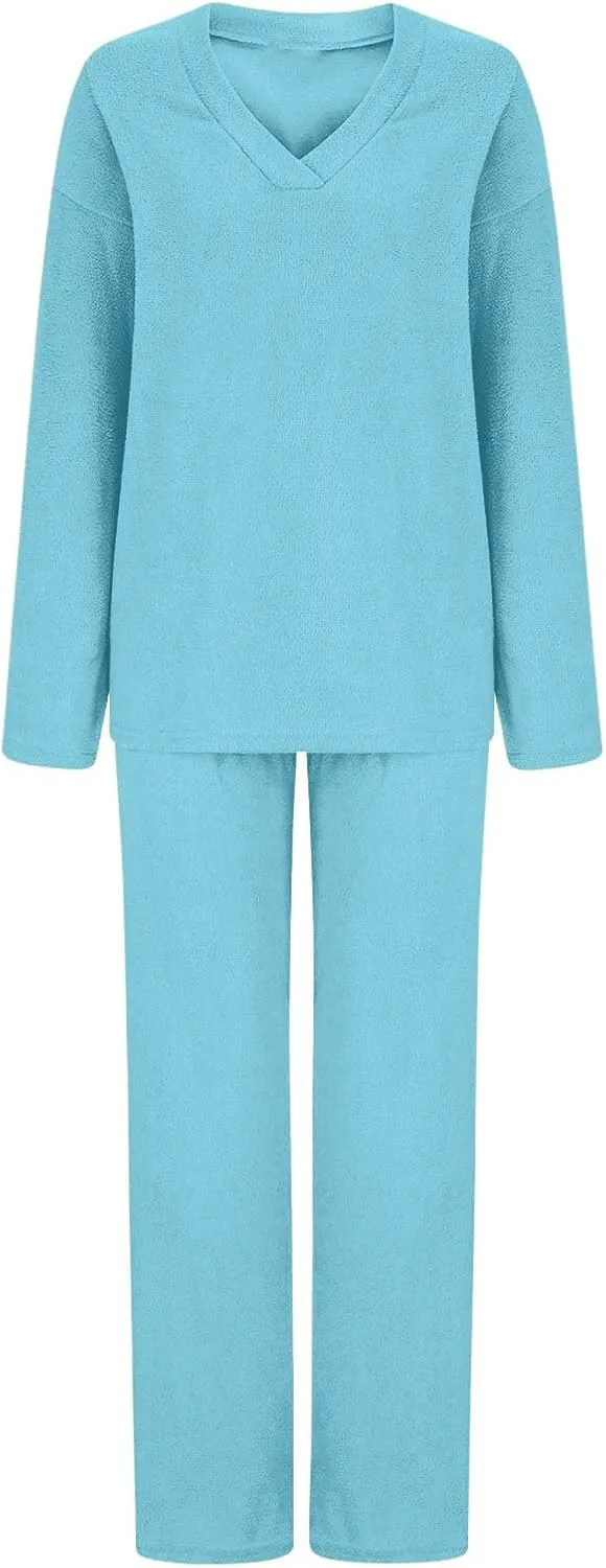 Lastesso Two Piece Sets for Women Loose Size Loungewear Soft Long Sleeve V Neck Homewear Outfits Baggy Wid Leg Slacks