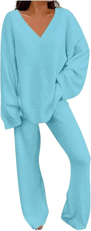 Lastesso Two Piece Sets for Women Loose Size Loungewear Soft Long Sleeve V Neck Homewear Outfits Baggy Wid Leg Slacks
