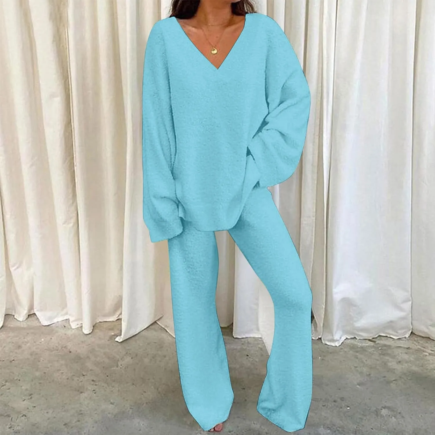 Lastesso Two Piece Sets for Women Loose Size Loungewear Soft Long Sleeve V Neck Homewear Outfits Baggy Wid Leg Slacks