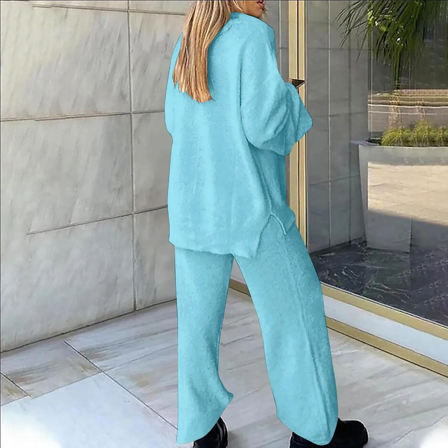 Lastesso Two Piece Sets for Women Loose Size Loungewear Soft Long Sleeve V Neck Homewear Outfits Baggy Wid Leg Slacks
