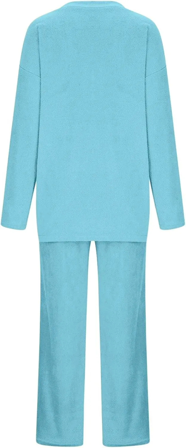 Lastesso Two Piece Sets for Women Loose Size Loungewear Soft Long Sleeve V Neck Homewear Outfits Baggy Wid Leg Slacks