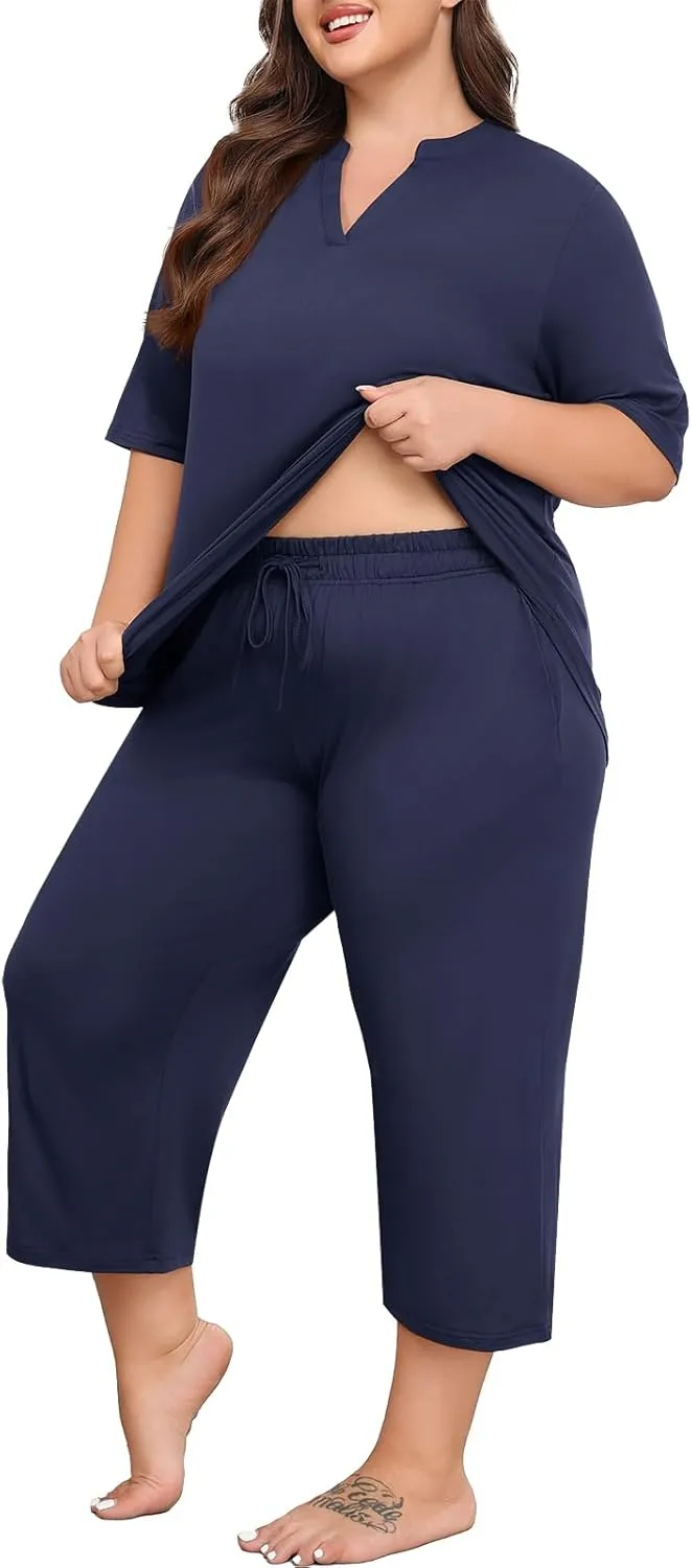 Lastshe Women's Plus Size Pajama Set 2 Piece Short Sleeve V Neck Capri Pants Lounge Knit Soft with Pockets Sleepwear