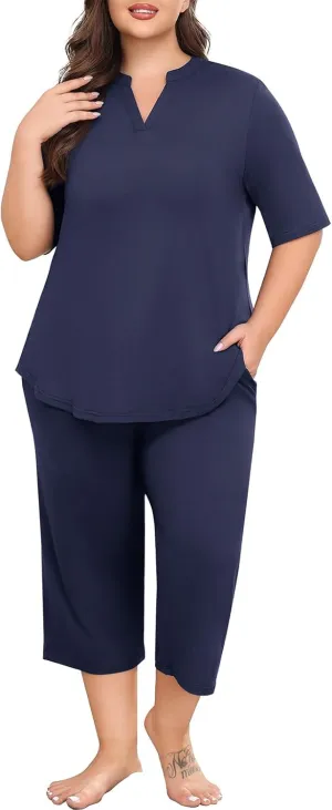 Lastshe Women's Plus Size Pajama Set 2 Piece Short Sleeve V Neck Capri Pants Lounge Knit Soft with Pockets Sleepwear