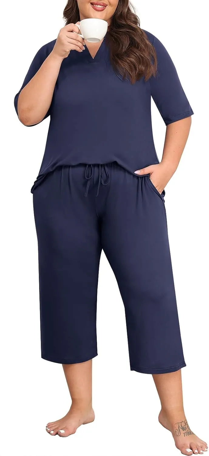 Lastshe Women's Plus Size Pajama Set 2 Piece Short Sleeve V Neck Capri Pants Lounge Knit Soft with Pockets Sleepwear